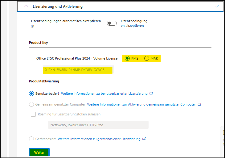 Microsoft Office-Anpassungstool Bereich "Lizenzierung und Aktivierung"