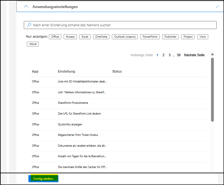 Microsoft Office-Anpassungstool Bereich "Anwendungseinstellungen"