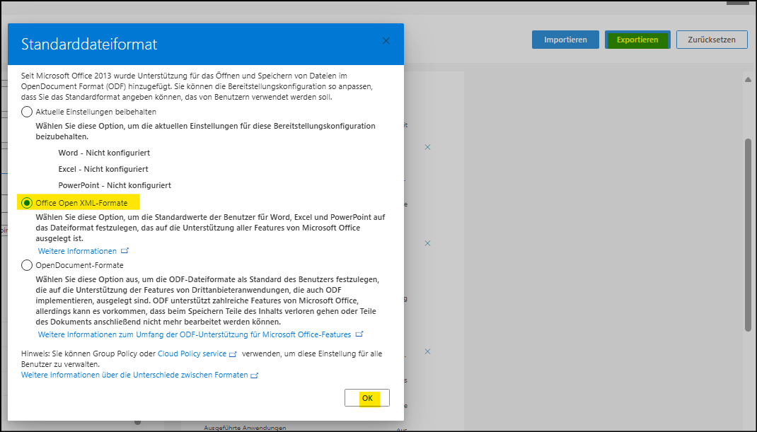 Microsoft Office-Anpassungstool "Standdardateiformat auswählen"