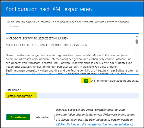 Microsoft Office-Anpassungstool "Exportieren der Konfigurationseinstellungen"