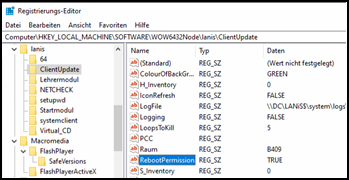 Registrierungseditor ClientUpdate RebootPermission