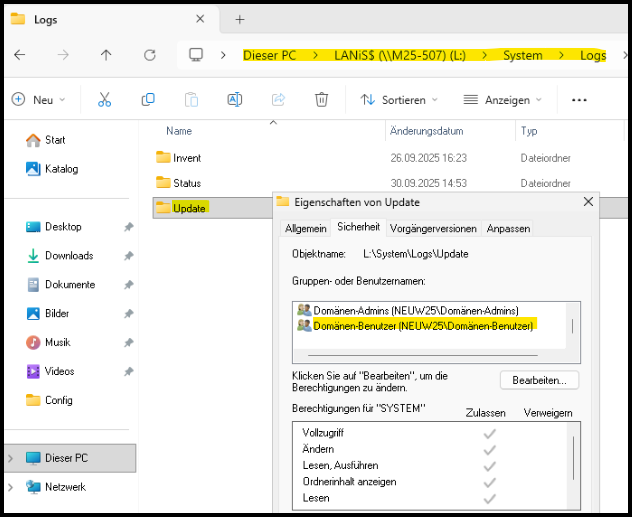 Eigenschaften vom Ordner Update