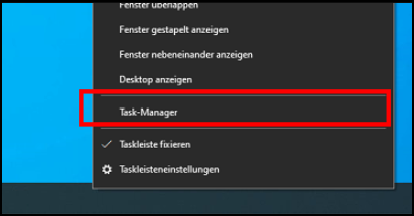 Ein Auswahl Menu wird gezeigt, wobei der Eintrag "Task Manager" markiert ist.