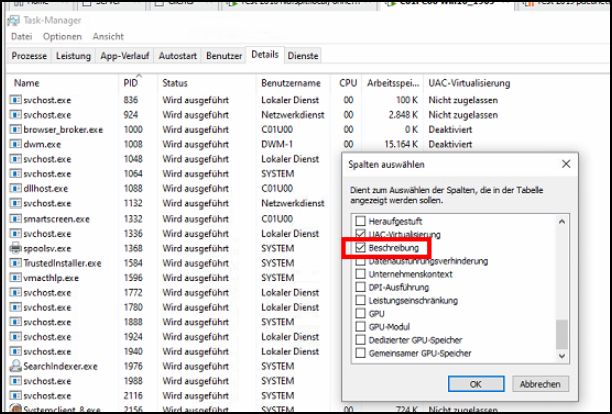 Es wird gezeigt, wie man im Task Manager die Anzeige mit der "Beschreibung" erweitert.