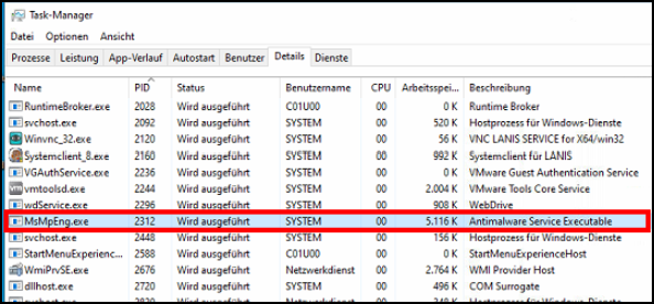 Das Bild des Taskmanagers zeigt eine Liste von Tasks, wobei der Task mit der PID 2312 markiert ist.