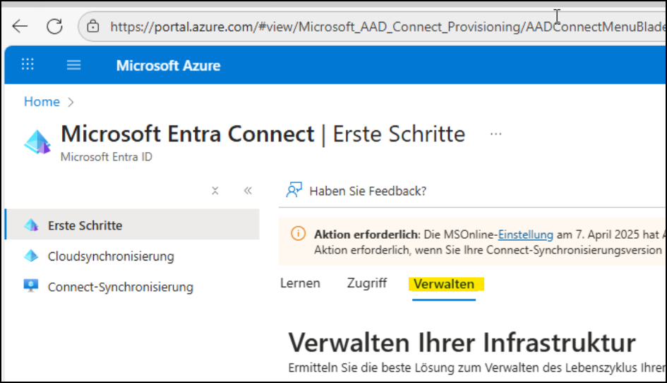 Fenster "Microsoft Entra Connect | Erste Schritte"