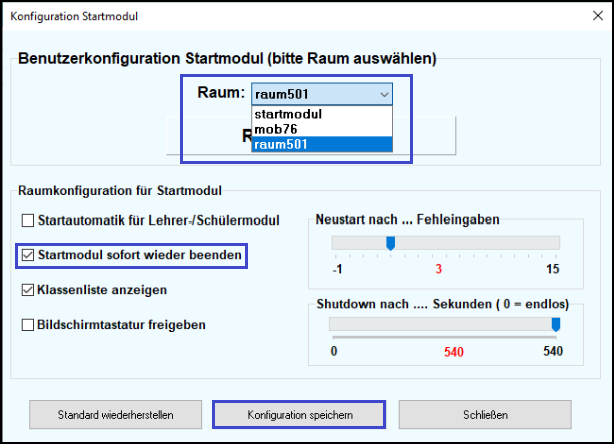 Im gezeigten Fenster ist ein Raum markiert, hier "Raum501". Des Weiteren ist das Häkchen bei "Startmodul sofort wieder beenden" gesetzt und der Button "Konfiguration speichern" ist markiert.