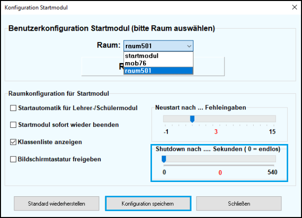 In dem gezeigten Fenster ist ein Raum ausgewählt, her "Raum501". Des Weiteren ist ist ein Schieberegler Button "Konfiguration speichern" sowie ein Schieberegler markiert, der auf "NULL" gestellt ist.