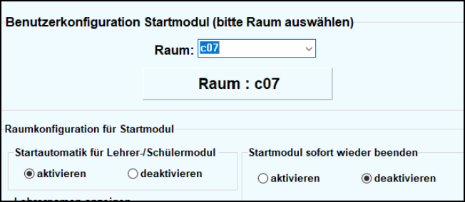 Das Bild zeigt ein Menü zur Konfiguration des Startmoduls. Die Option "Startmodul sofort wieder beenden" ist als "deaktiviert" eingestellt.