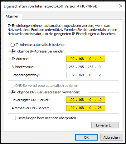 Netzwerkkarteneinstellungen am PDC
