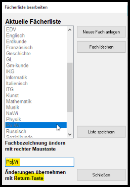 Fächernamen ändern