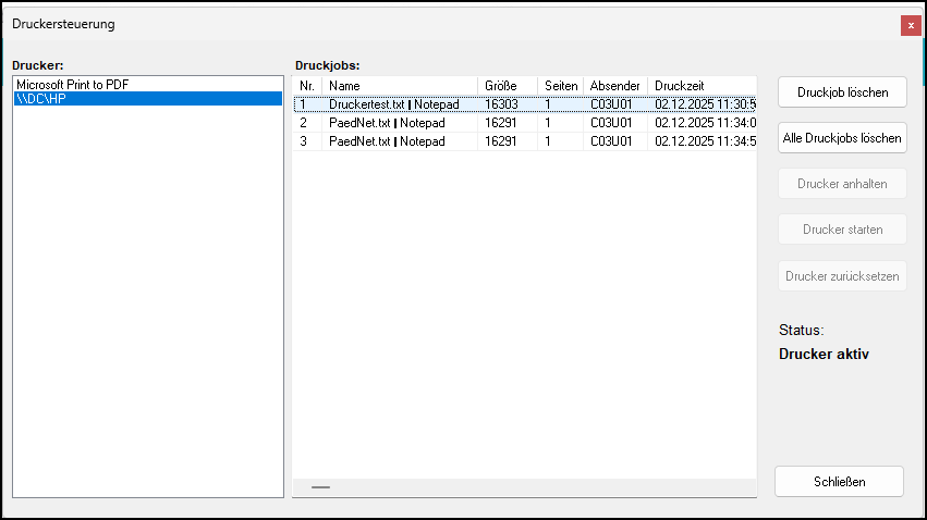 Fenster "Druckersteuerung"