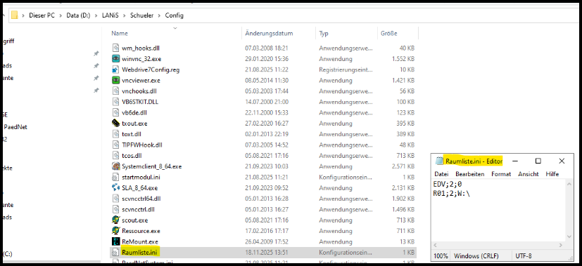 Datei-Explorer mit Raumliste.ini im Editor