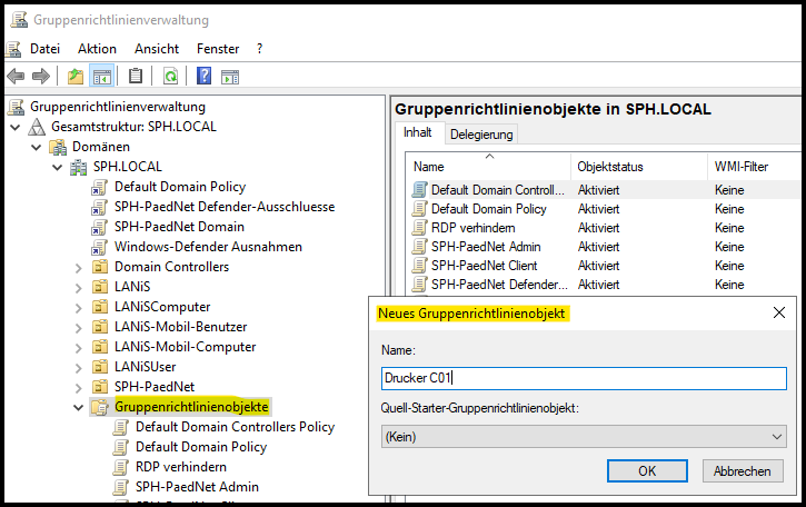 Fenster "Gruppenrichtlinienverwaltung" - Gruppenrichtliniencontailer anlegen
