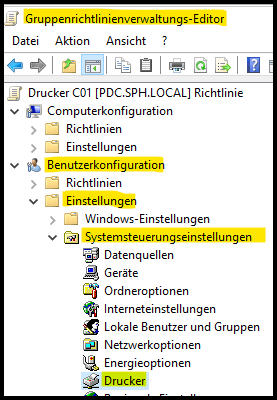 Fenster "Gruppenrichtlinienverwaltungs-Editor" Bereich: "Benutzerkonfiguration/Einstellungen/Systemsteuerungseinstellungen/Drucker"