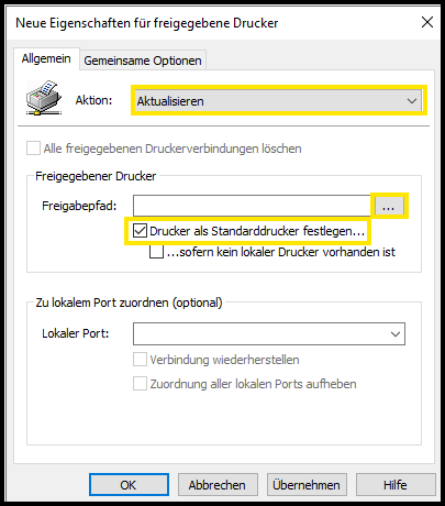 Fenster "Neue Einstellungen für freigegebene Drucker"