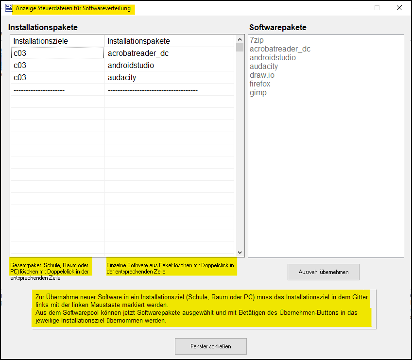 Fenster "Anzeige Steuerdateien für Softwareverteilung"