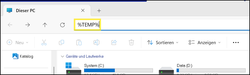 Adresszeile Datei-Explorer mit %TEMP%