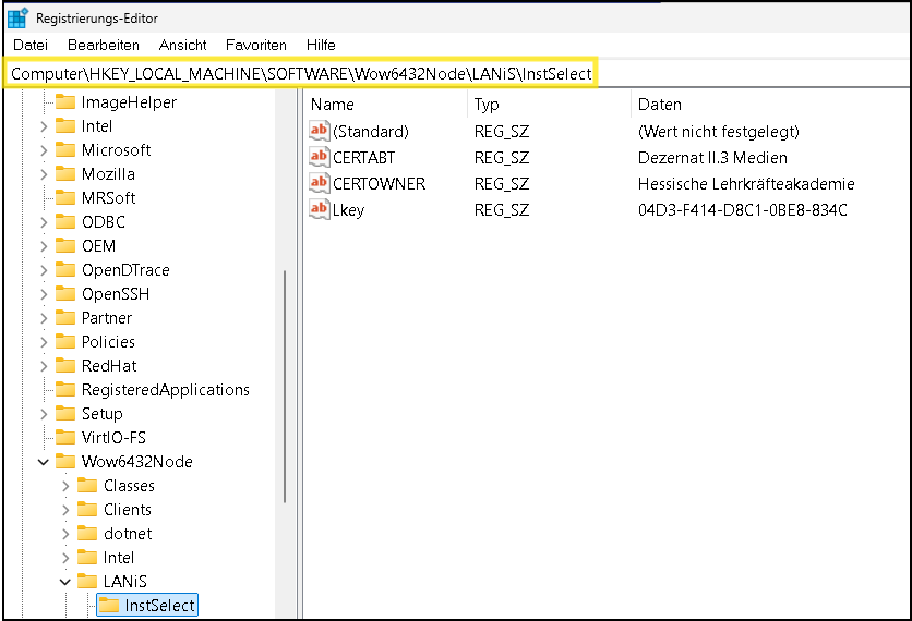 InstSelect in der Registry