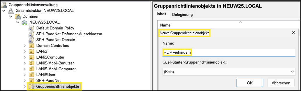 Neues Gruppenrichtlinienobjekt anlegen