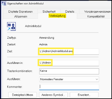 Eigenschaften Link "Admin-Modul"