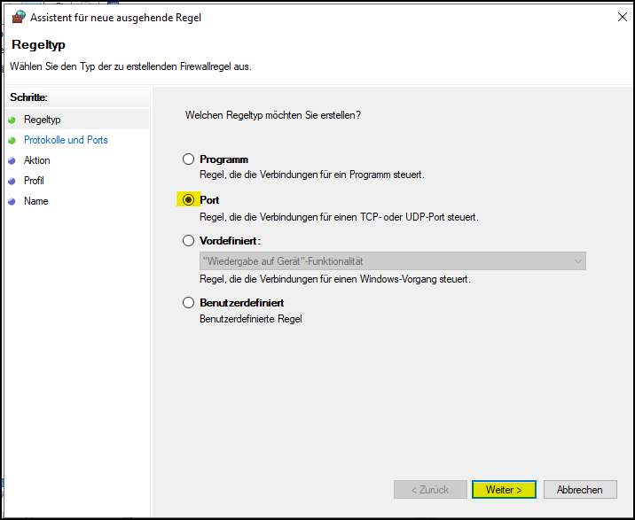 Regeltyp: "Port" auswählen