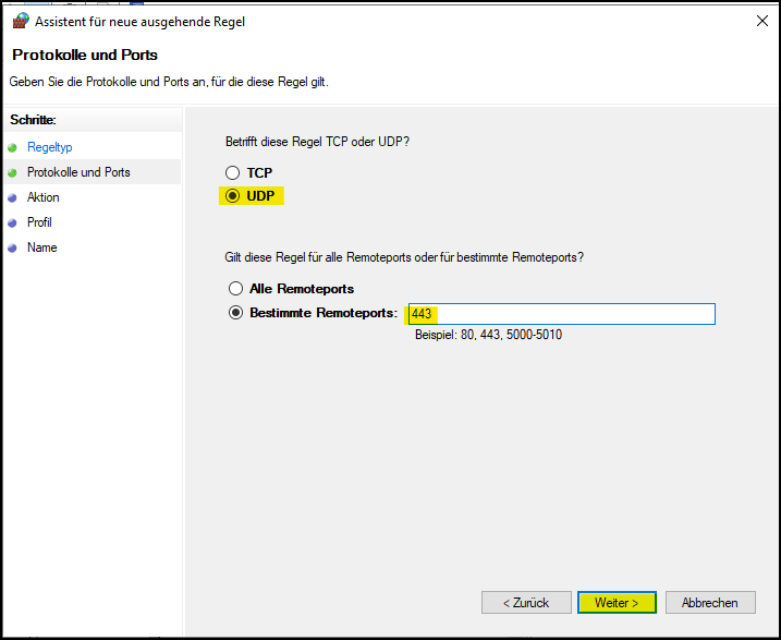UDP-Port 443 auswählen