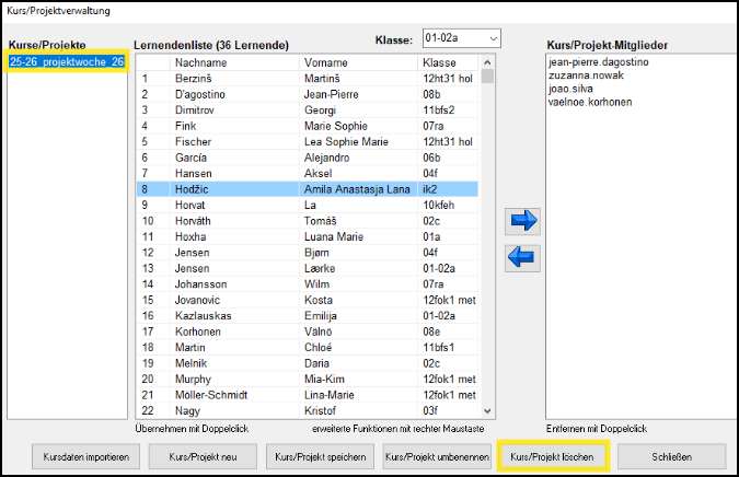 Kurs/Projektverwaltung Kurs löschen
