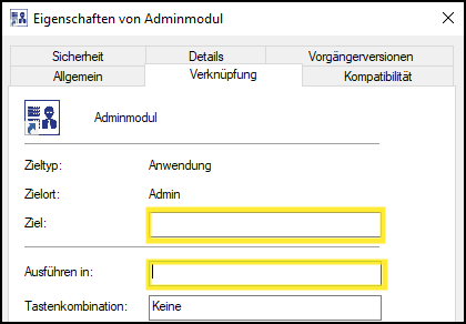 Eigenschaften Verknüpfung Adminmodul
