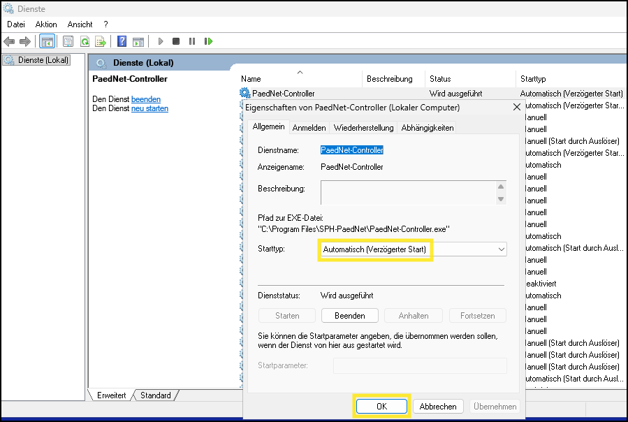 Dienste PaedNet Controller Automatischer Start (verzögert)