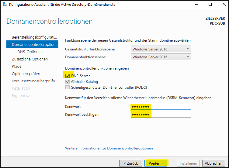 Konfigurations-Assistent für die AD-Domänendienste Domänencontrolleroptionen