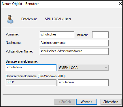 Benutzer "schulisches Administratorkonto"