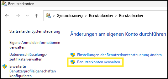 Benutzerkonten Anderes Konto verwalten