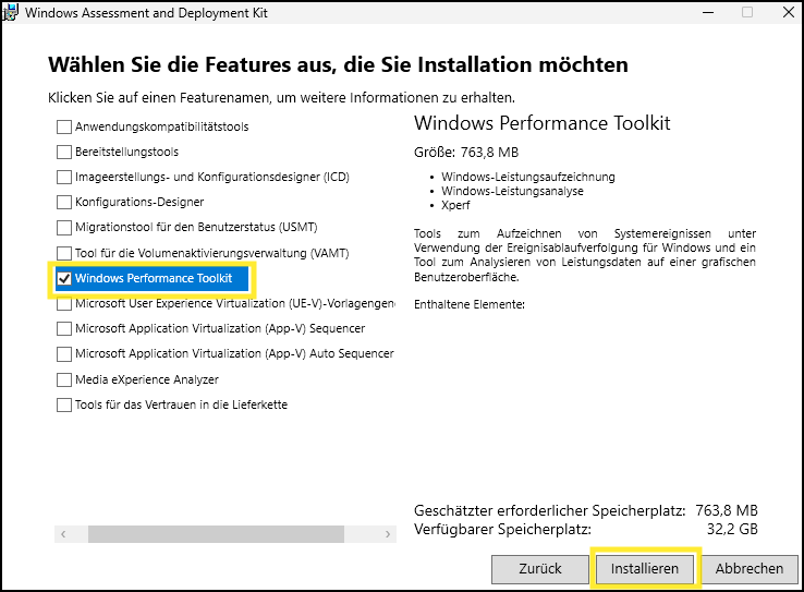 Auswahl der Features zur Installation