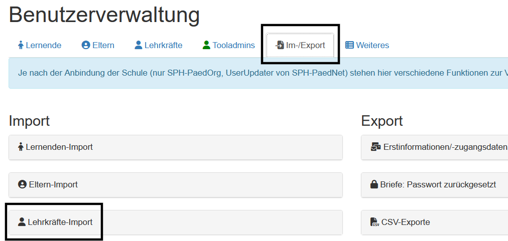 Über den Reiter Im-/Export wählen Sie den Lehrkräfte-Import aus.