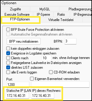 Erweiterte Optionen PFTP PRO