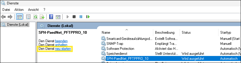 Im Fenster "Dienste": PFTPPRO-Dienst neu starten