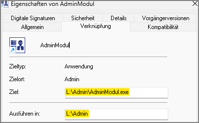 Eigenschaften Link "Admin-Modul"