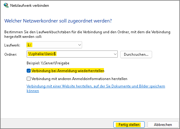 Fenster "Netzlaufwerk verbinden"