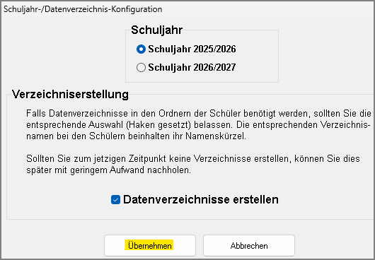 Schuljahr-/Datenverzeichnis-Konfiguration