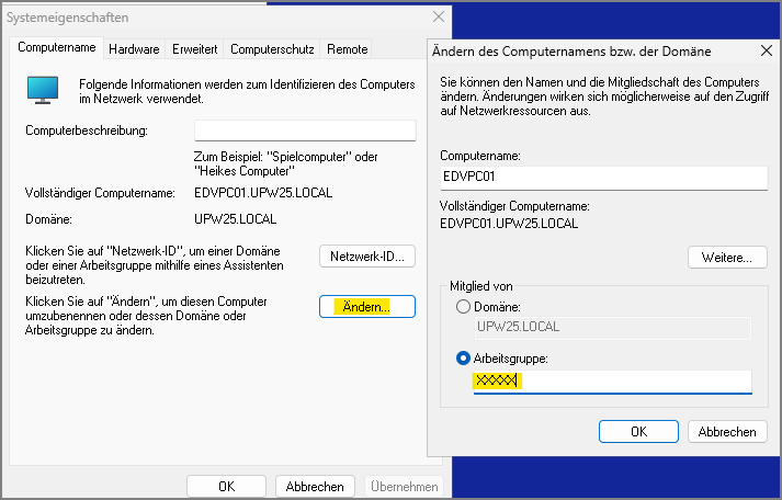 Einstellungen Computer Arbeitsgruppe ändern