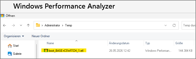 Das Bild zeigt, wie man mit dem Windows Performance Analyzer die Datei „boot_BASE+CSWITCH_1.etl“ öffnet.