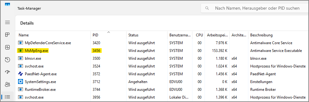 Das Bild des Taskmanagers zeigt eine Liste von Tasks, wobei der Task mit der PID 2312 markiert ist.