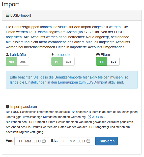 Einstellungen zum LUSD-Import in de Benutzerverwaltung