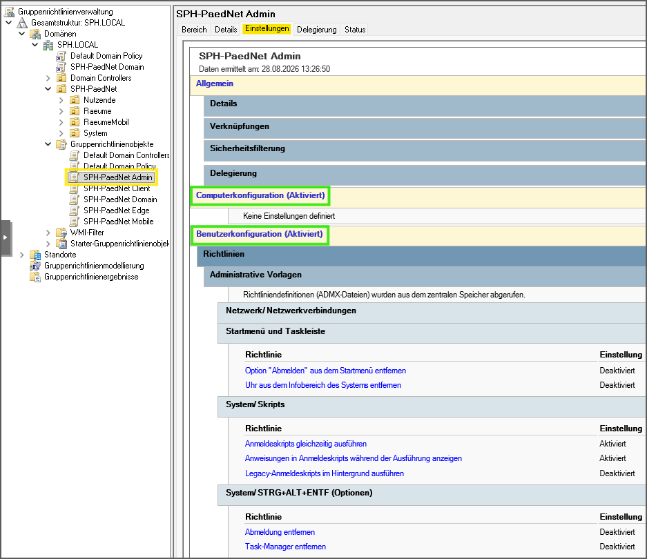 Einstellungen der Gruppenrichtlinie "SPH-PaedNet Admin"