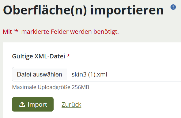 Screenshot zeigt ein Auswahlfeld für den Upload der Importdatei von Oberflächen (skin.xml).