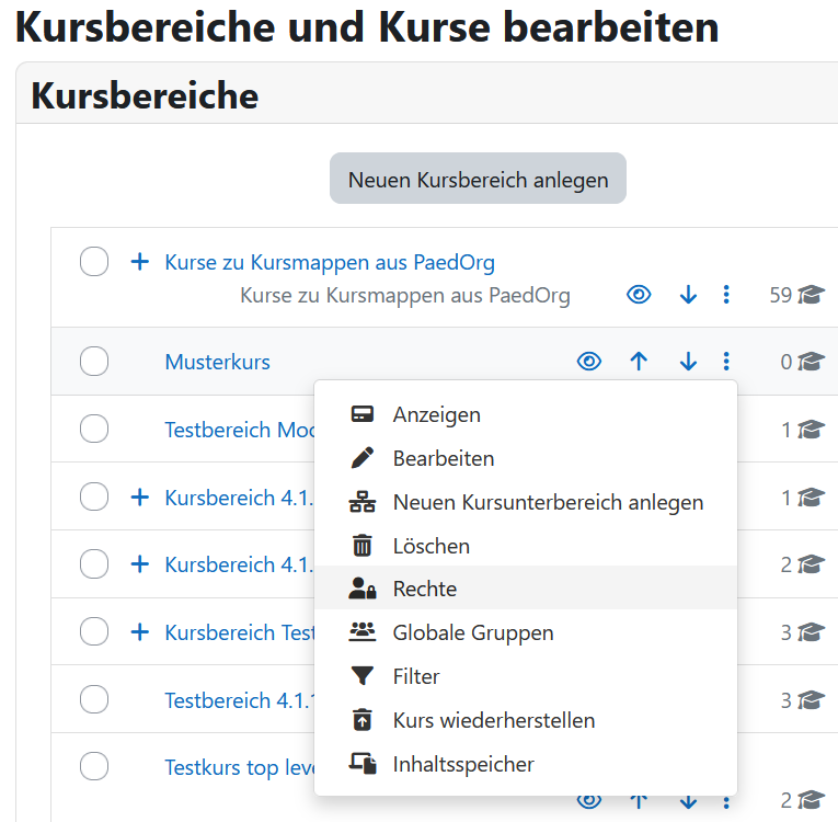 Auswahl der Rechte über die Seite der Bearbeitung der Kursbereiche und Kurse