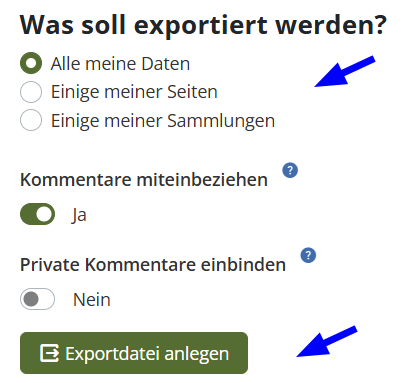 Screenshot zeigt Übersicht über Auswahlmöglichkeiten des Exports.