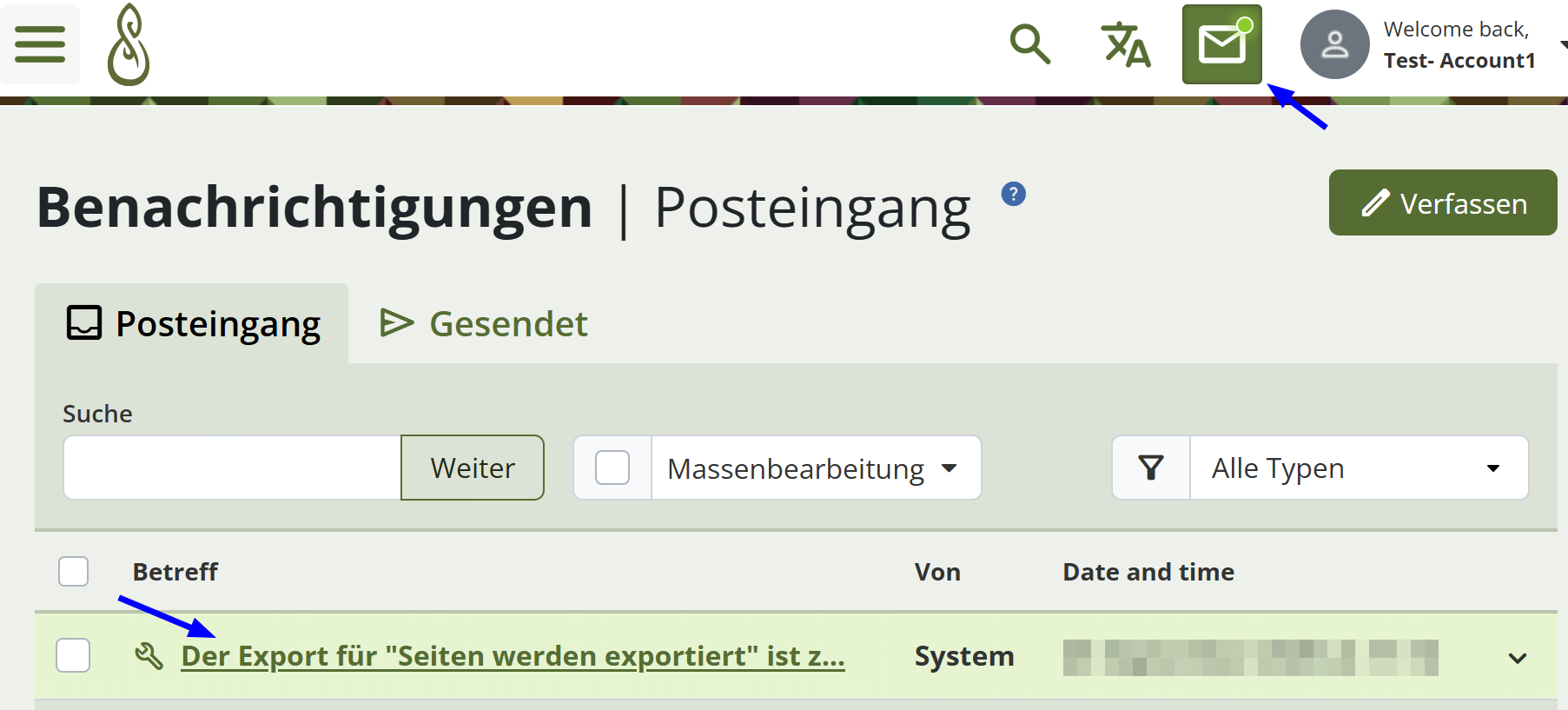 Screenshot zeigt wie der Posteingang nach der Auswahl des „Briefsymbol“ in der Kopfleiste aussieht.