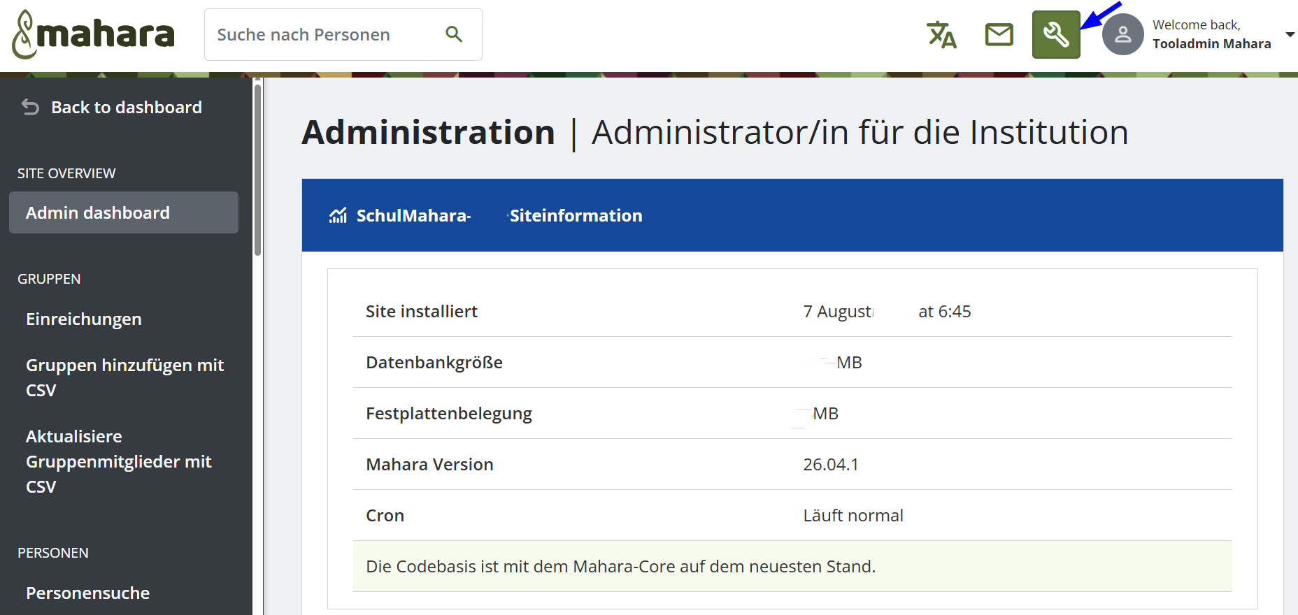 Administrationsmöglichkeiten des Tooladmin.